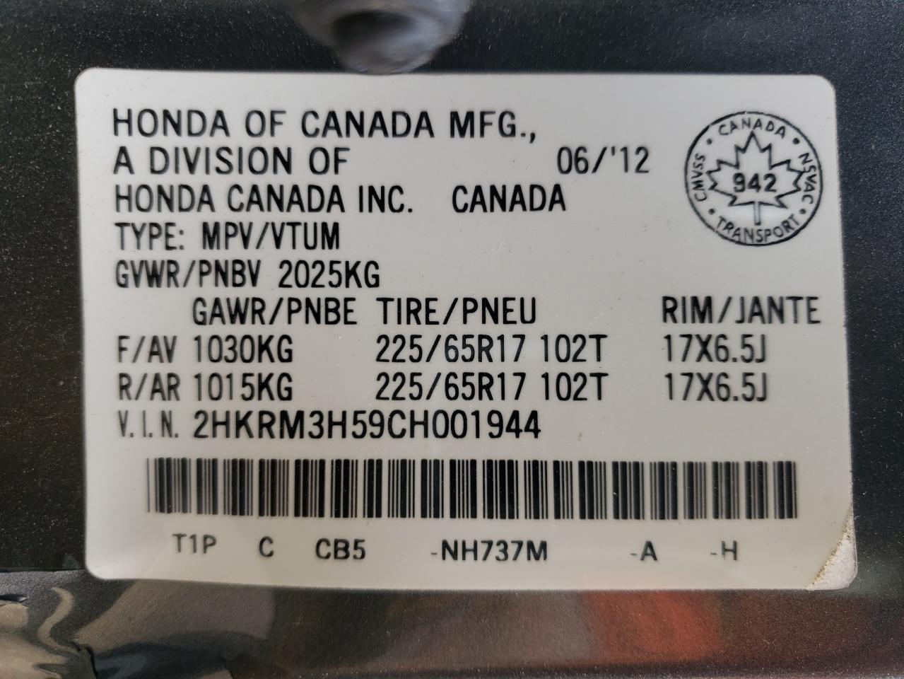 Photo 10 from auction – 2012 HONDA CR-V EX with VIN 2HKRM3H59CH001944