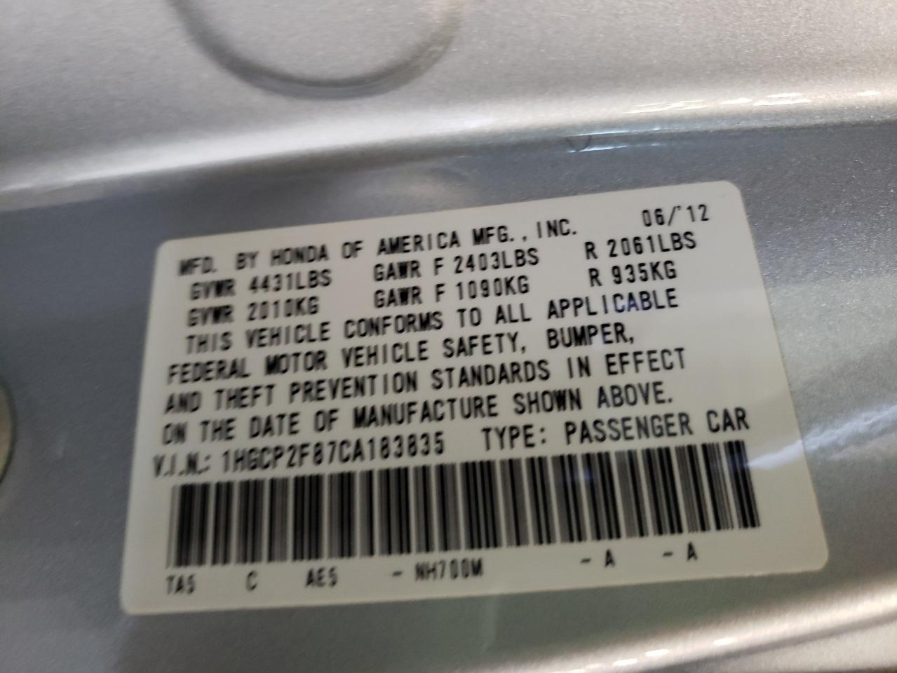 Photo 10 from auction – 2012 HONDA ACCORD EXL with VIN 1HGCP2F87CA183835
