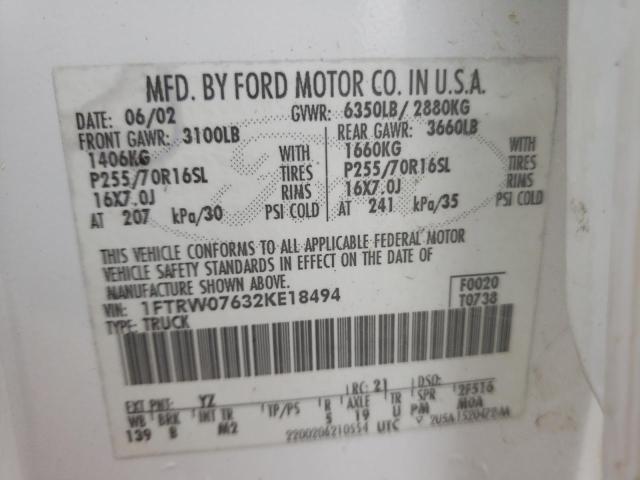 Photo 10 from auction – 2002 FORD F150 SUPER with VIN 1FTRW07632KE18494