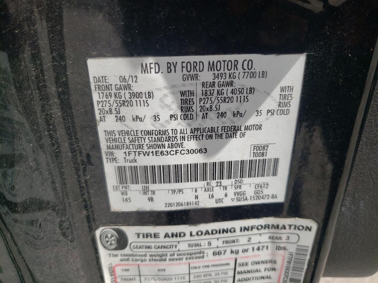 Photo 10 from auction – 2012 FORD F150 SUPER with VIN 1FTFW1E63CFC30063