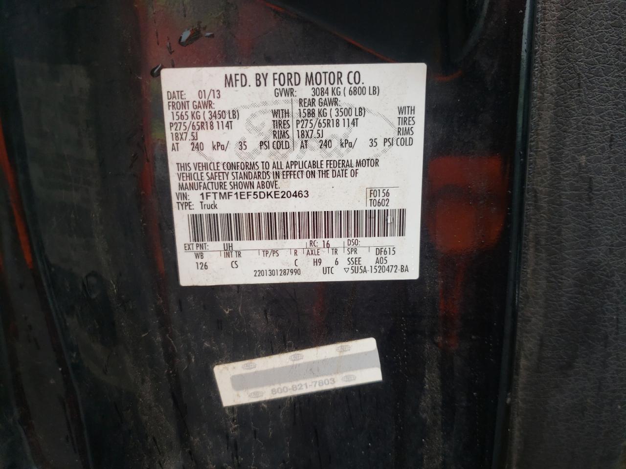 Photo 10 from auction – 2013 FORD F150 with VIN 1FTMF1EF5DKE20463