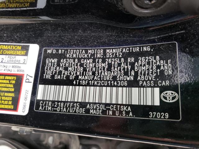 Photo 10 from auction – 2012 TOYOTA CAMRY L/LE with VIN 4T1BF1FK2CU114306