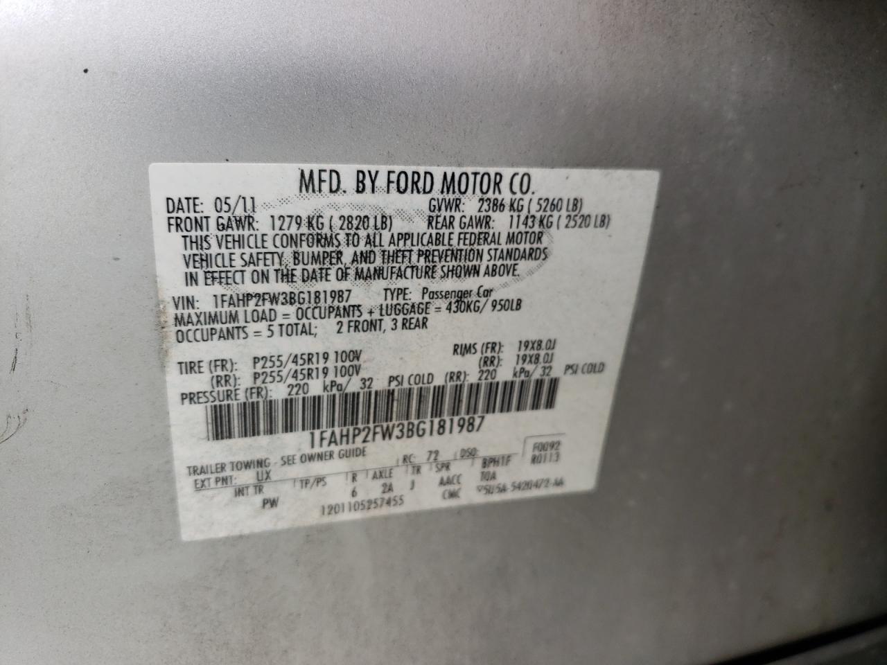 Фото 10 с аукциона – 2011 FORD TAURUS LIM с VIN 1FAHP2FW3BG181987