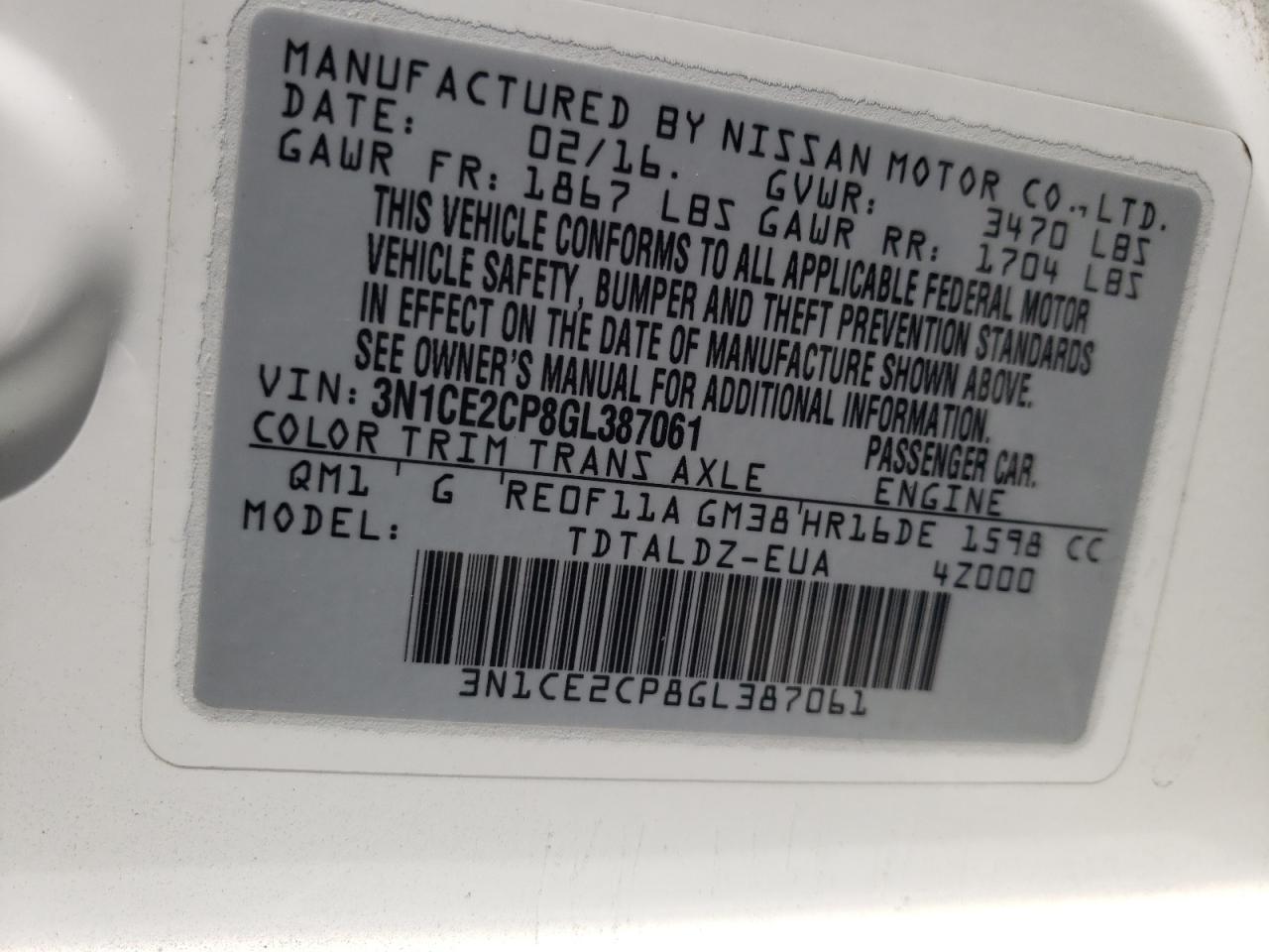 Photo 10 from auction – 2016 NISSAN VERSA NOTE with VIN 3N1CE2CP8GL387061