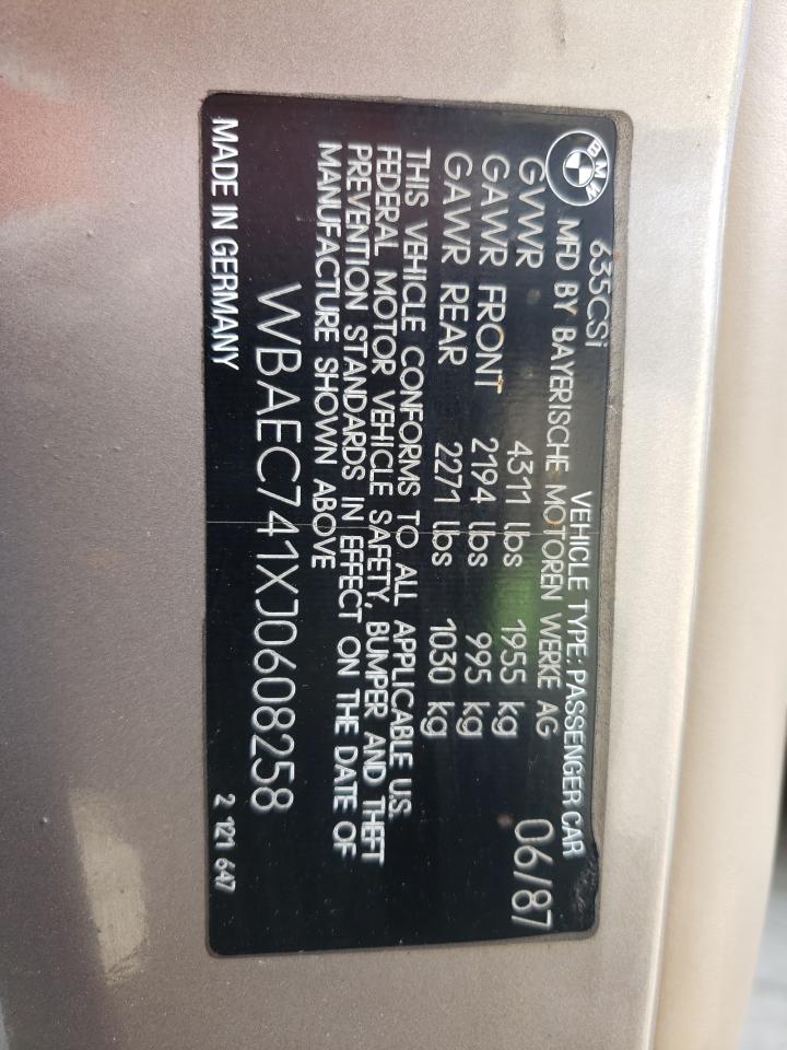 Photo 10 from auction – 1988 BMW 635 CSI with VIN WBAEC741XJ0608258