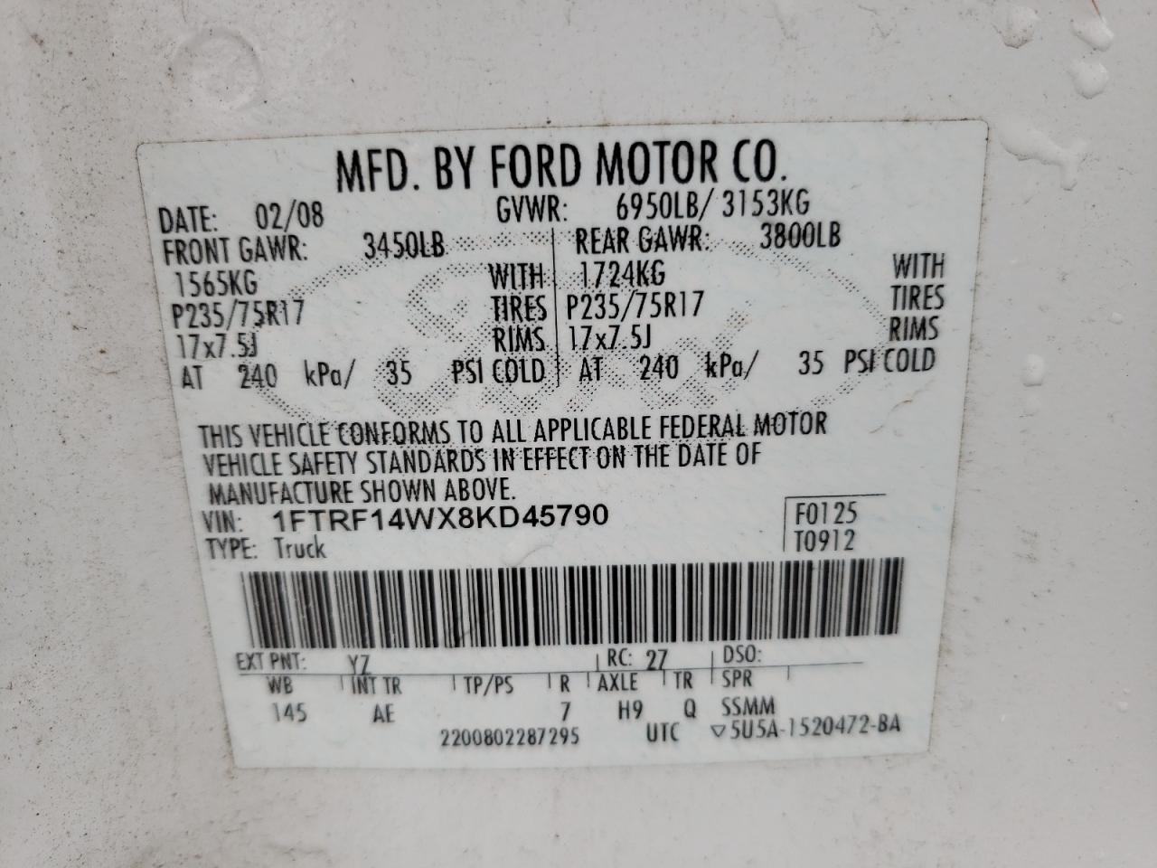 Photo 10 from auction – 2008 FORD F150 with VIN 1FTRF14WX8KD45790