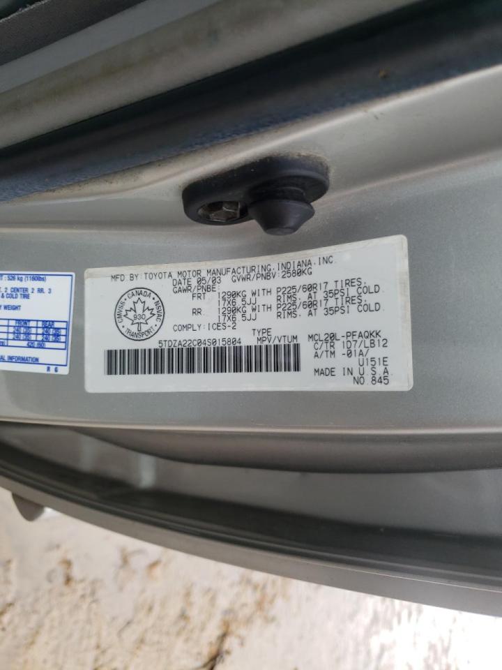 Photo 10 from auction – 2004 TOYOTA SIENNA XLE with VIN 5TDZA22C04S015804