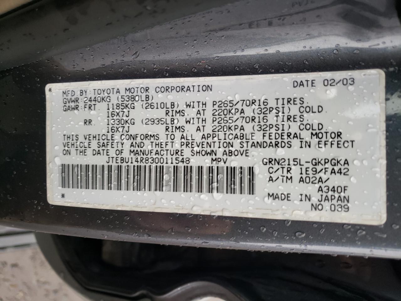 Photo 10 from auction – 2003 TOYOTA 4RUNNER SR with VIN JTEBU14R830011548