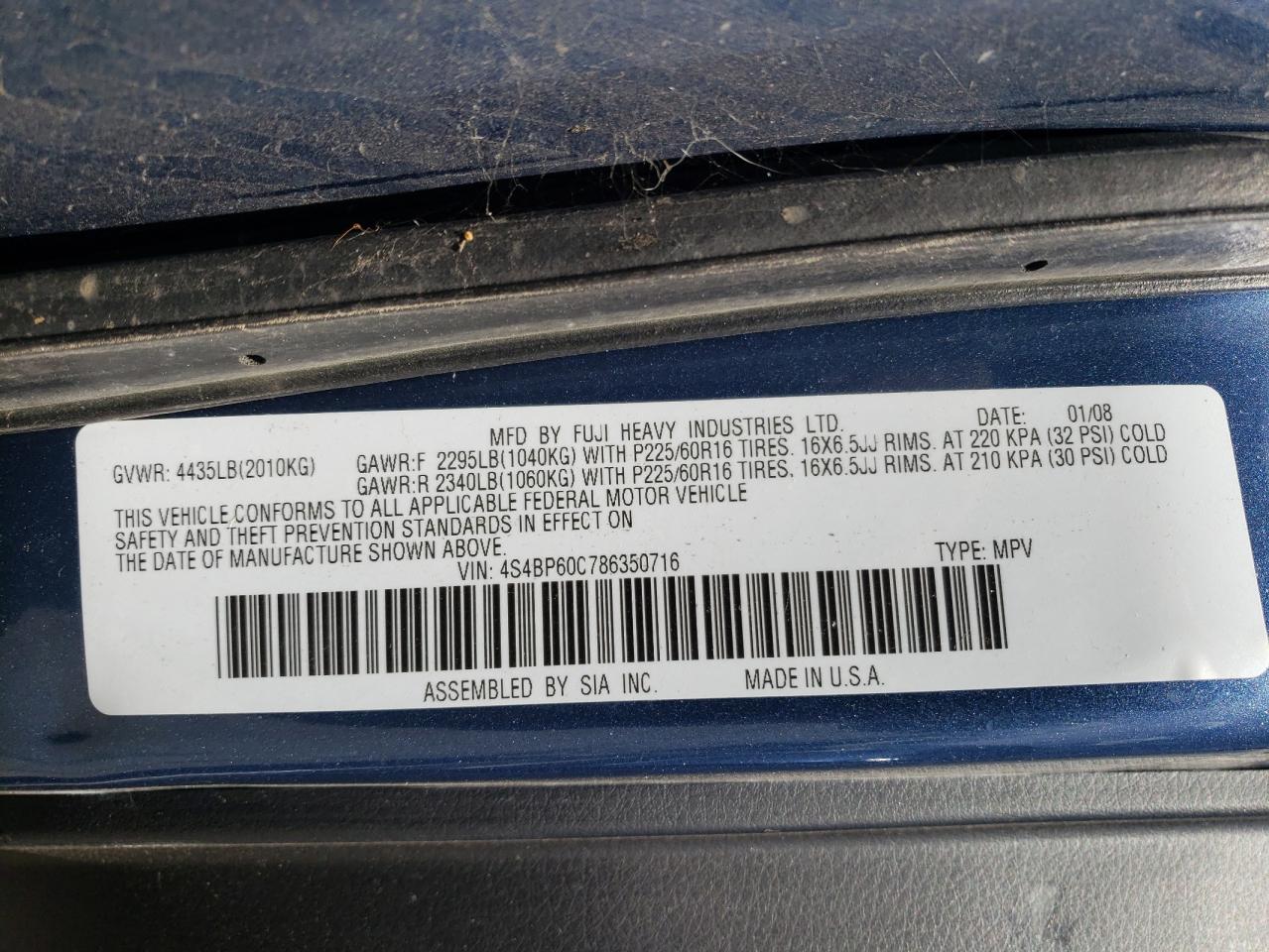 Photo 10 from auction – 2008 SUBARU OUTBACK with VIN 4S4BP60C786350716
