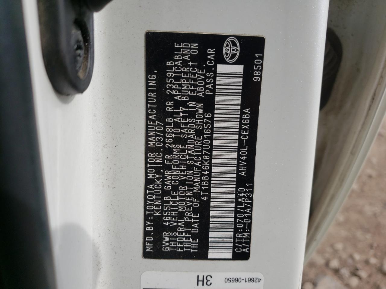 Photo 10 from auction – 2007 TOYOTA CAMRY HYBR with VIN 4T1BB46K87U016576
