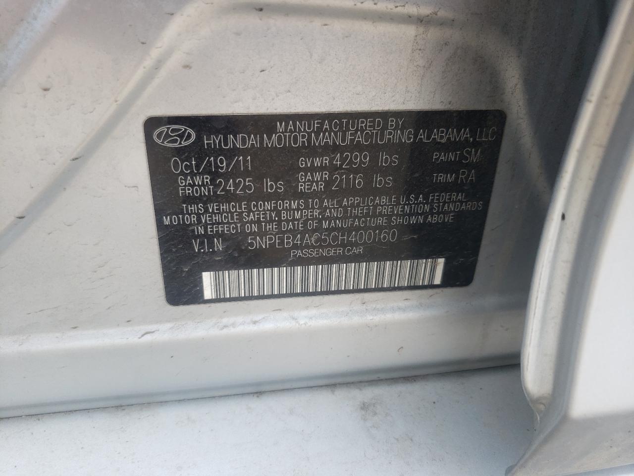 Photo 10 from auction – 2012 HYUNDAI SONATA GLS with VIN 5NPEB4AC5CH400160