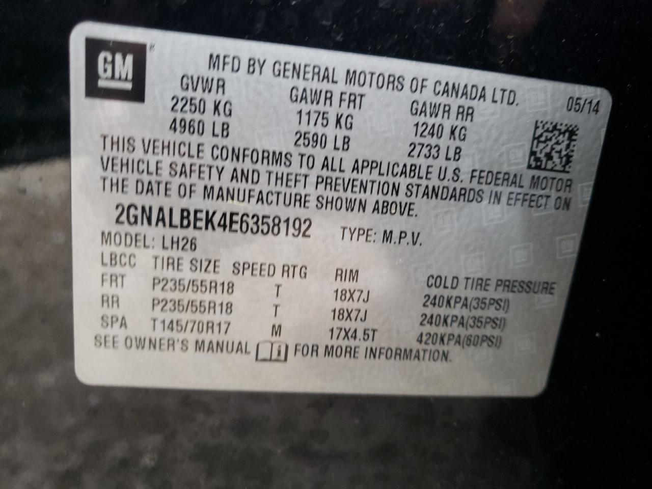 Zdjęcie 10 z aukcji – 2014 CHEVROLET EQUINOX LT z VIN 2GNALBEK4E6358192