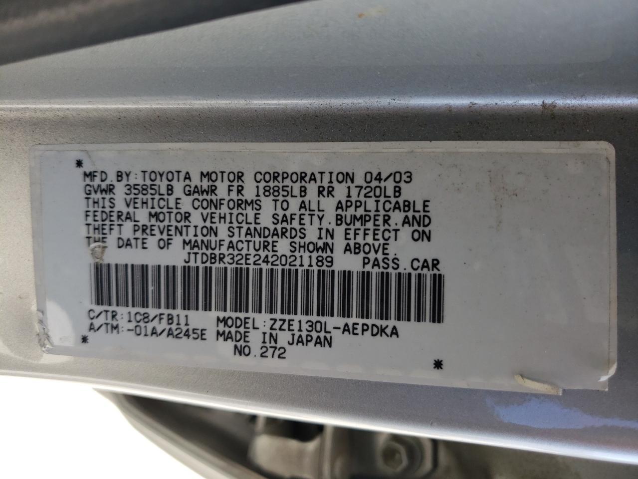 Foto 10 de la subasta – 2004 TOYOTA COROLLA CE con VIN JTDBR32E242021189