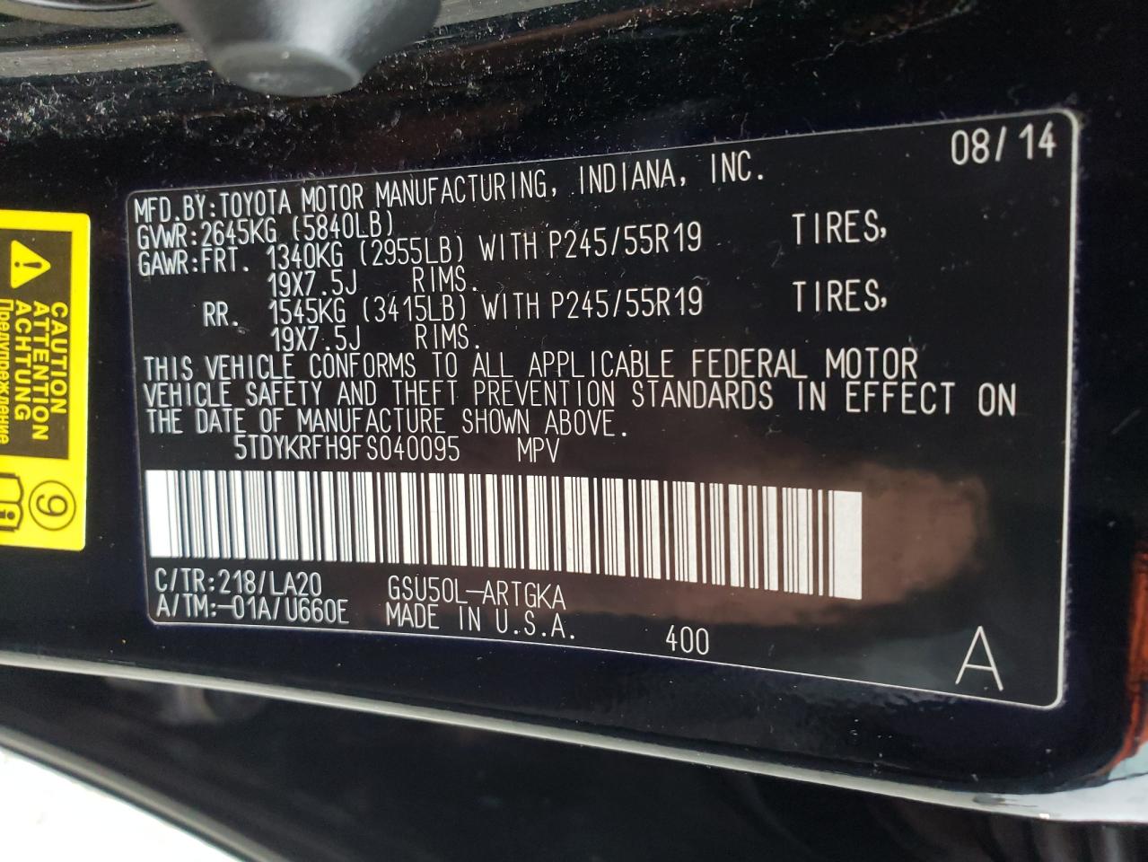 Photo 10 from auction – 2015 TOYOTA HIGHLANDER with VIN 5TDYKRFH9FS040095