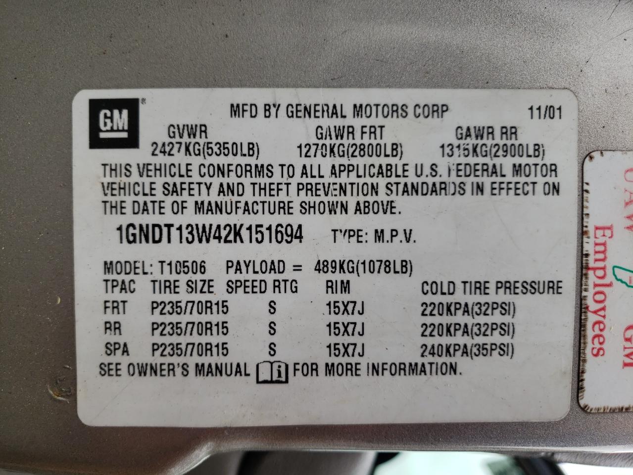 Photo 10 from auction – 2002 CHEVROLET BLAZER with VIN 1GNDT13W42K151694