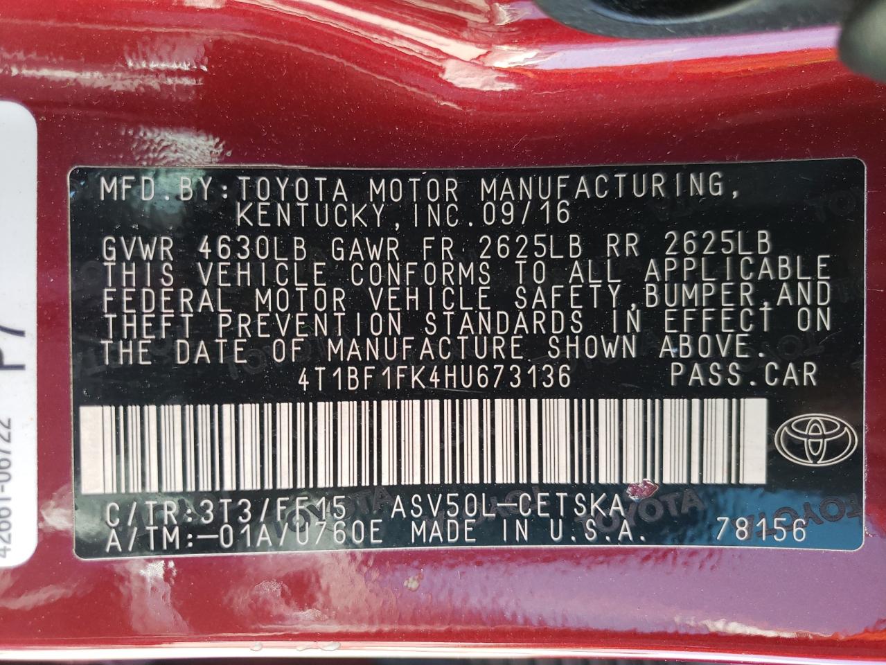 Photo 10 from auction – 2017 TOYOTA CAMRY LE with VIN 4T1BF1FK4HU673136