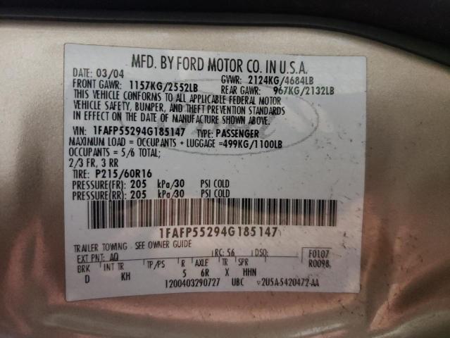 Photo 10 from auction – 2004 FORD TAURUS SES with VIN 1FAFP55294G185147
