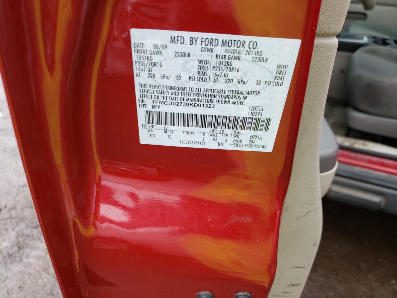 Photo 10 from auction – 2009 FORD ESCAPE XLS with VIN 1FMCU02739KD01323
