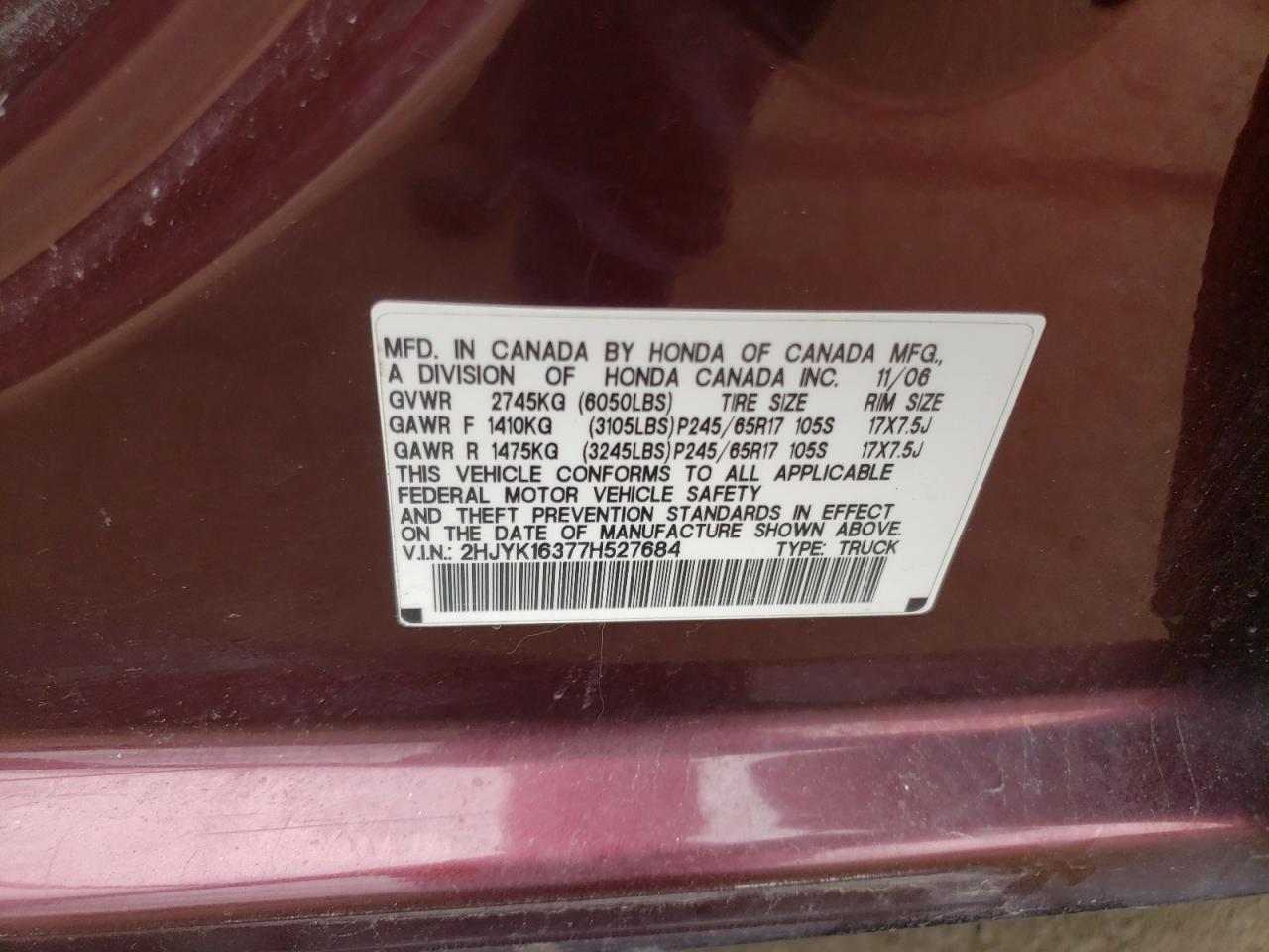 Photo 20 from auction – 2007 HONDA RIDGELINE with VIN 2HJYK16377H527684
