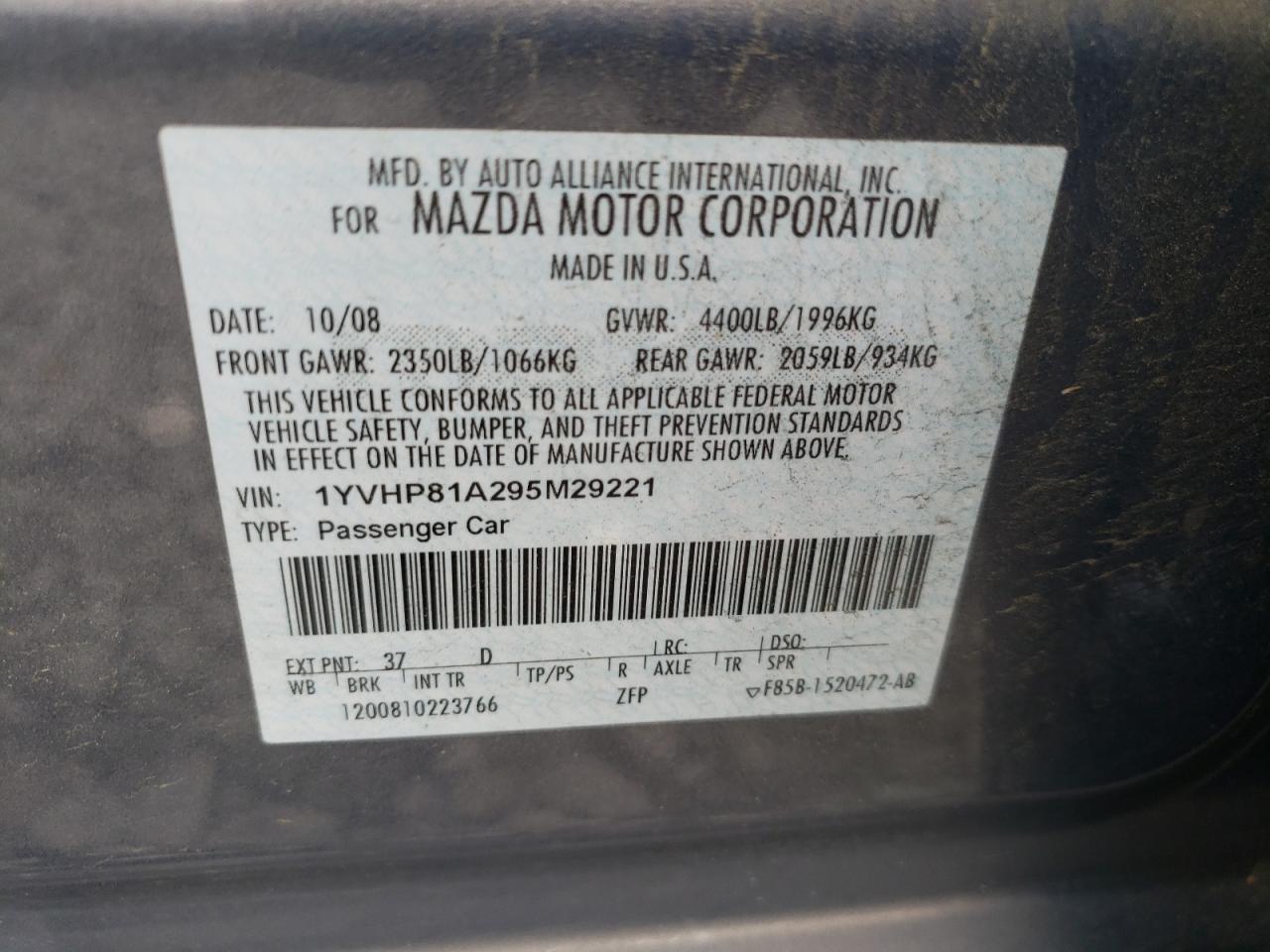Photo 10 from auction – 2009 MAZDA 6 I with VIN 1YVHP81A295M29221