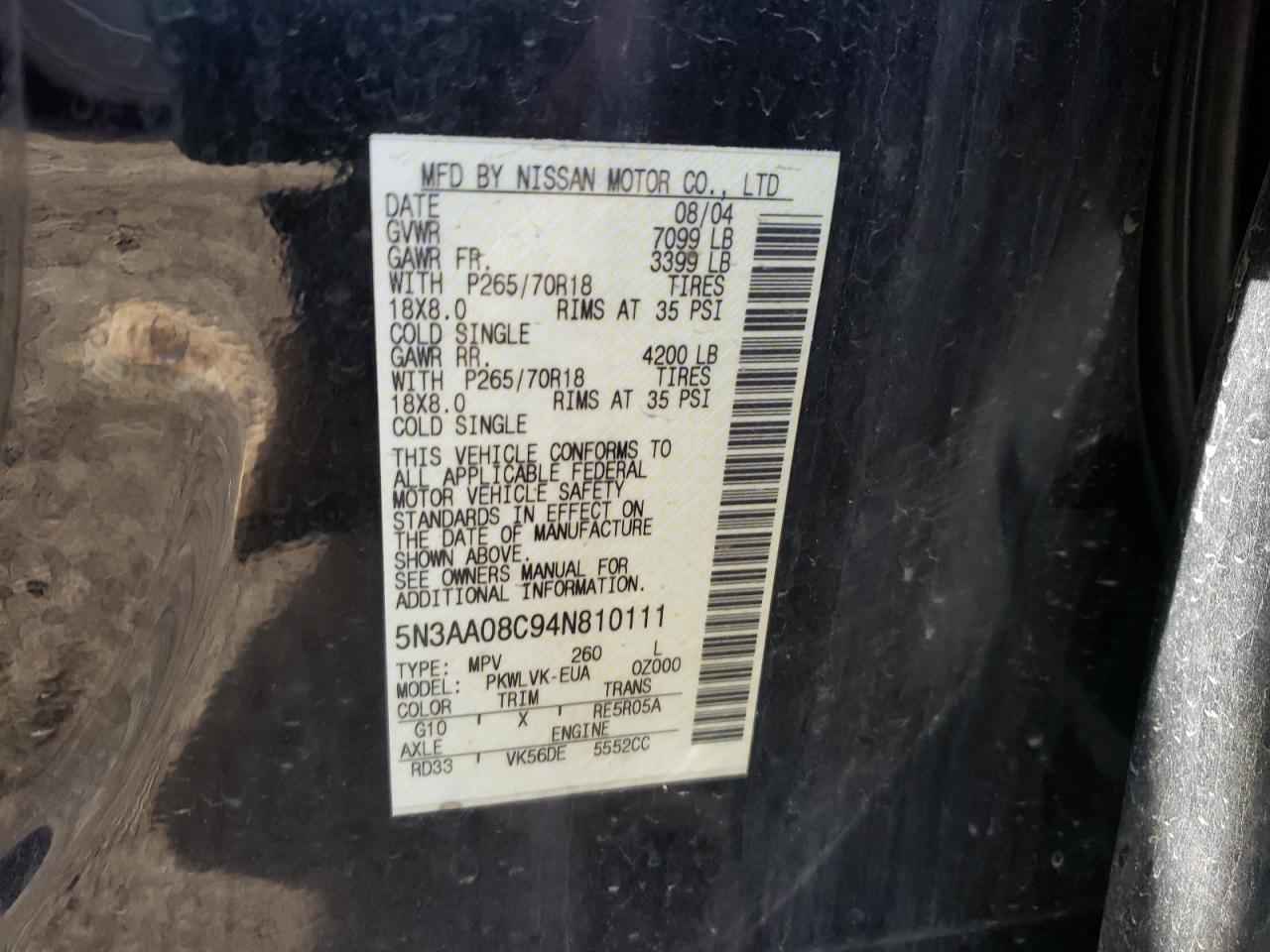 Photo 10 from auction – 2004 INFINITI QX56 with VIN 5N3AA08C94N810111