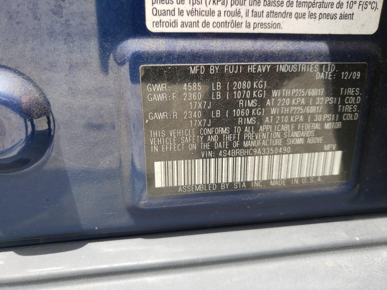 Photo 10 from auction – 2010 SUBARU OUTBACK 2. with VIN 4S4BRBHC9A3350490