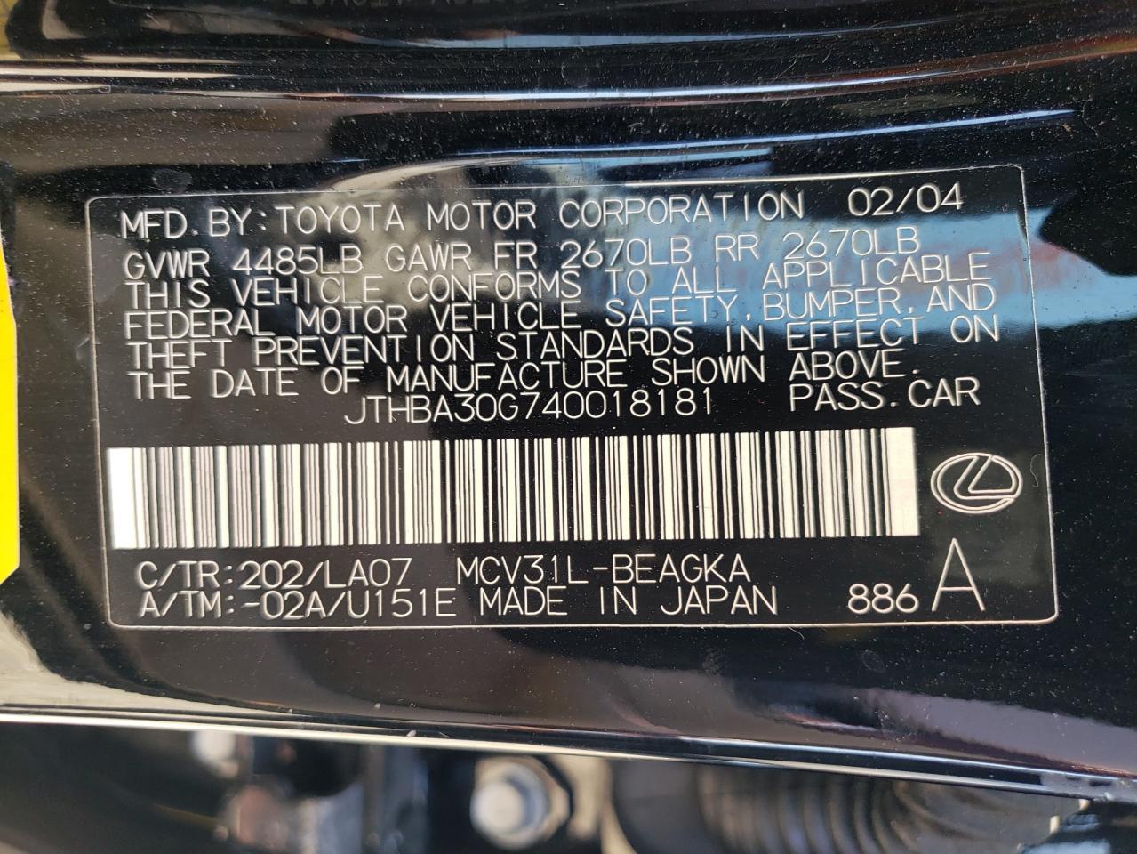 Photo 10 from auction – 2004 LEXUS ES 330 with VIN JTHBA30G740018181