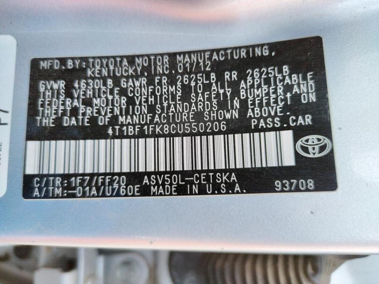 Photo 10 from auction – 2012 TOYOTA CAMRY BASE with VIN 4T1BF1FK8CU550206