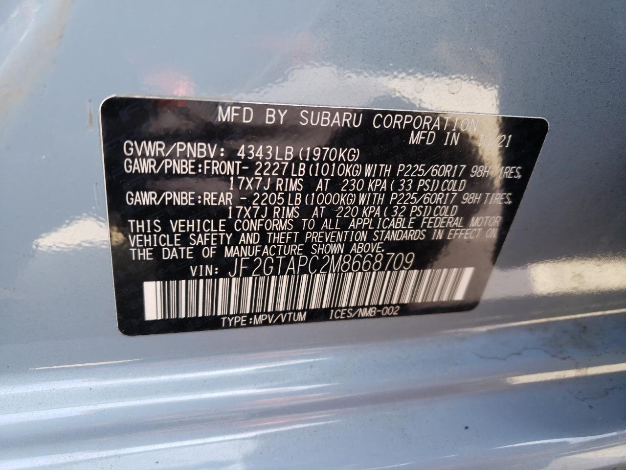Photo 10 from auction – 2021 SUBARU CROSSTREK with VIN JF2GTAPC2M8668709