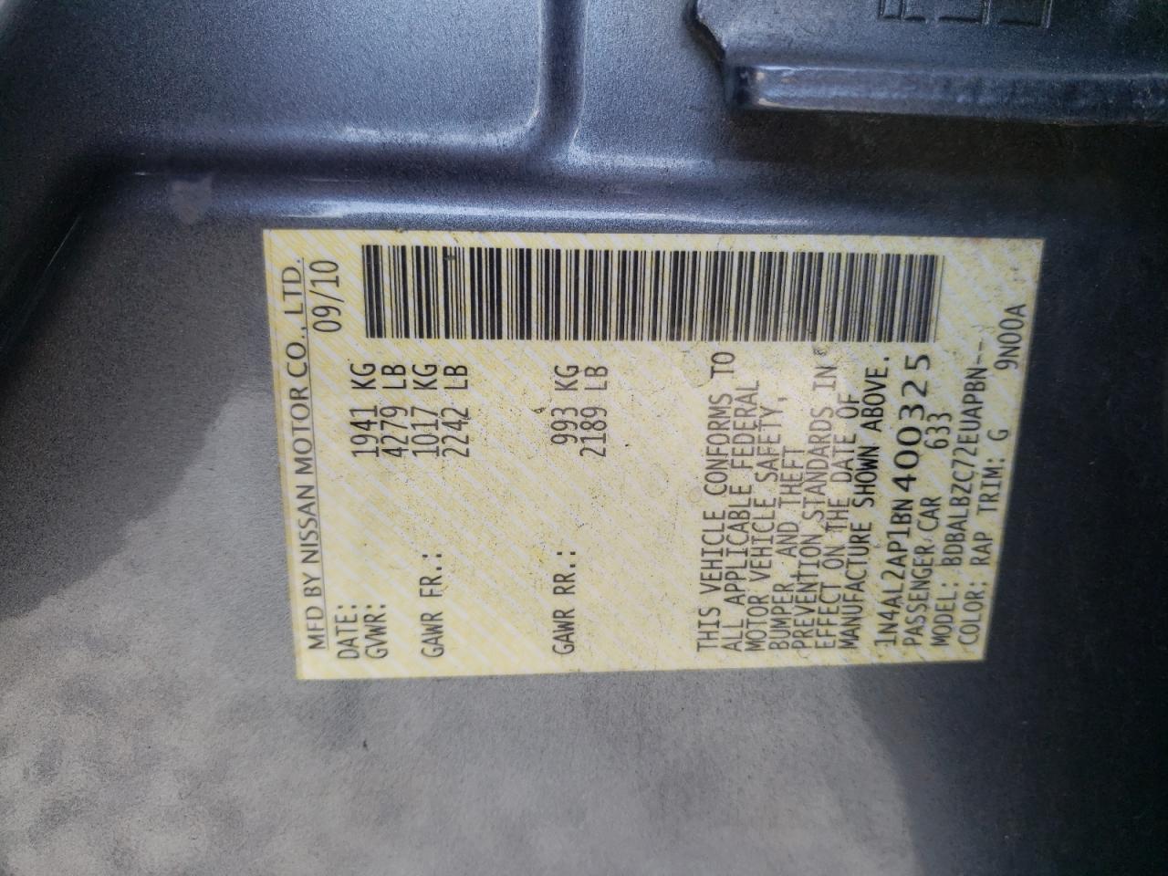 Photo 10 from auction – 2011 NISSAN ALTIMA BAS with VIN 1N4AL2AP1BN400325