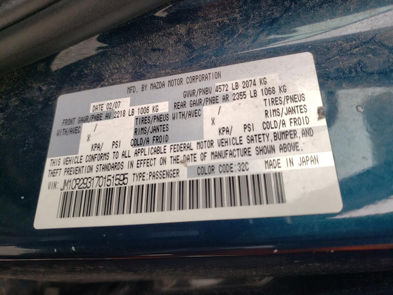 Photo 10 from auction – 2007 MAZDA 5 with VIN JM1CR293170151595