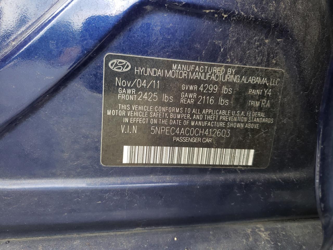 Photo 10 from auction – 2012 HYUNDAI SONATA SE with VIN 5NPEC4AC0CH412603