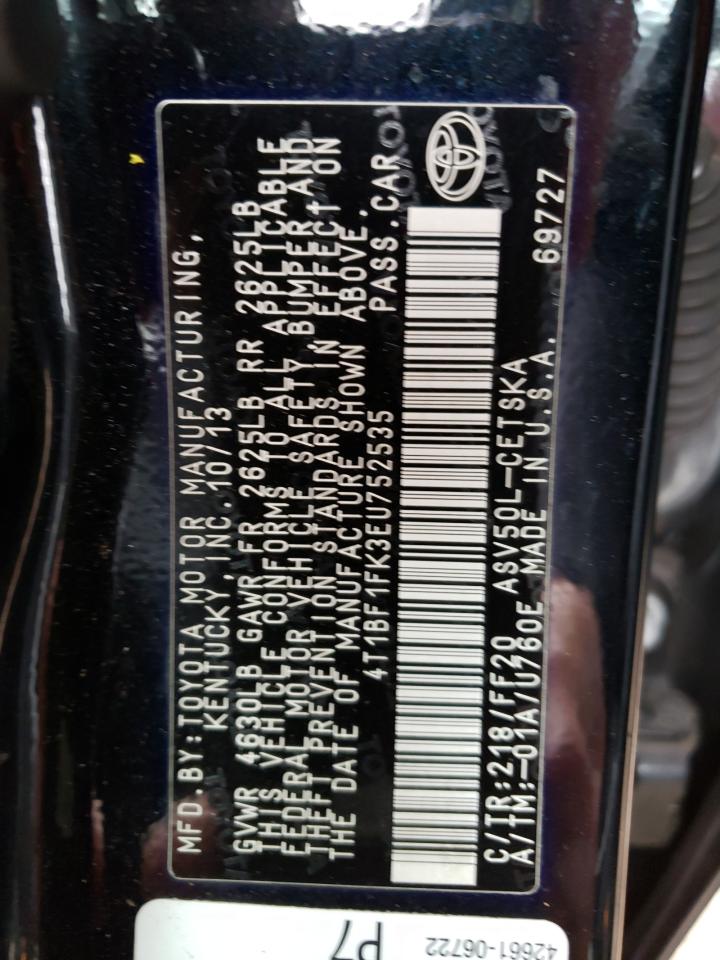 Photo 10 from auction – 2014 TOYOTA CAMRY L with VIN 4T1BF1FK3EU752535