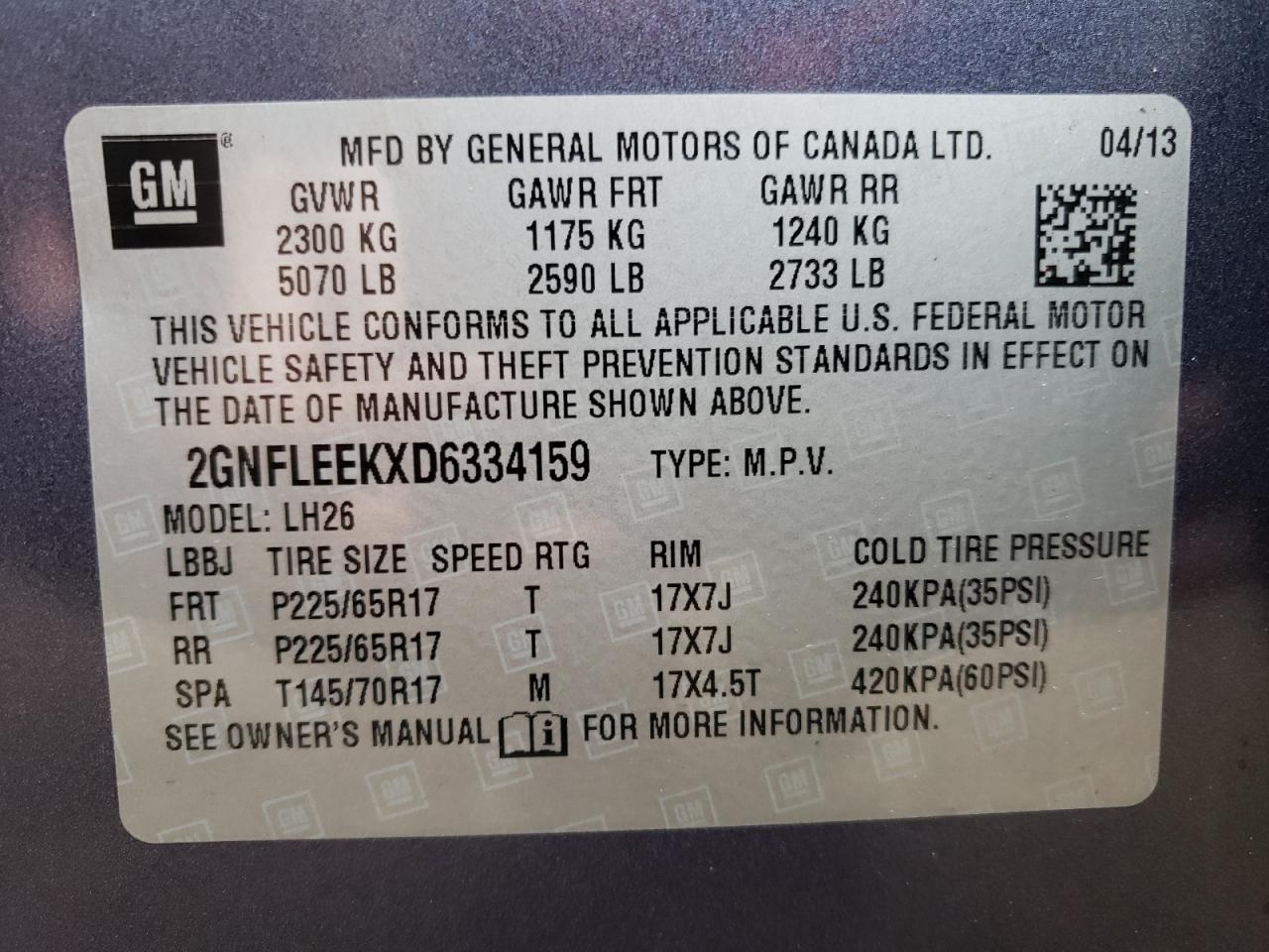 Photo 10 from auction – 2013 CHEVROLET EQUINOX LT with VIN 2GNFLEEKXD6334159