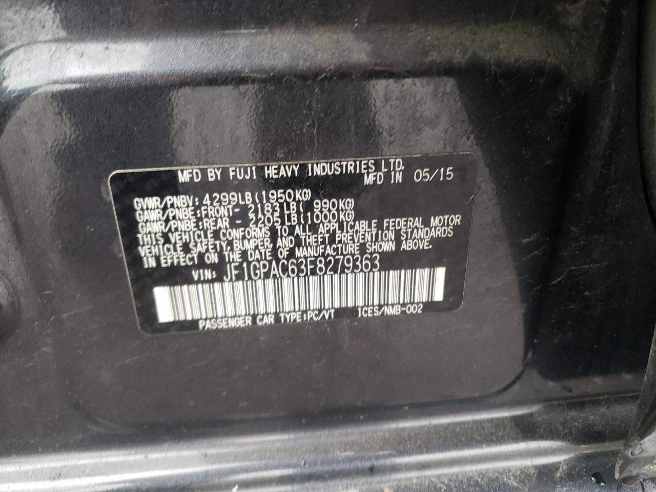 Photo 10 from auction – 2015 SUBARU IMPREZA PR with VIN JF1GPAC63F8279363