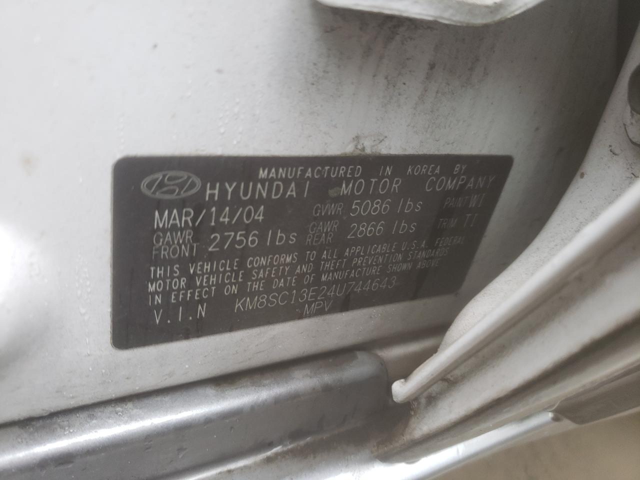 Photo 10 from auction – 2004 HYUNDAI SANTA FE G with VIN KM8SC13E24U744643