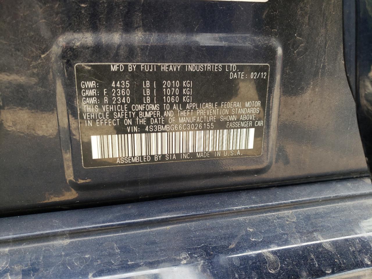Photo 10 from auction – 2012 SUBARU LEGACY 2.5 with VIN 4S3BMBG66C3026155