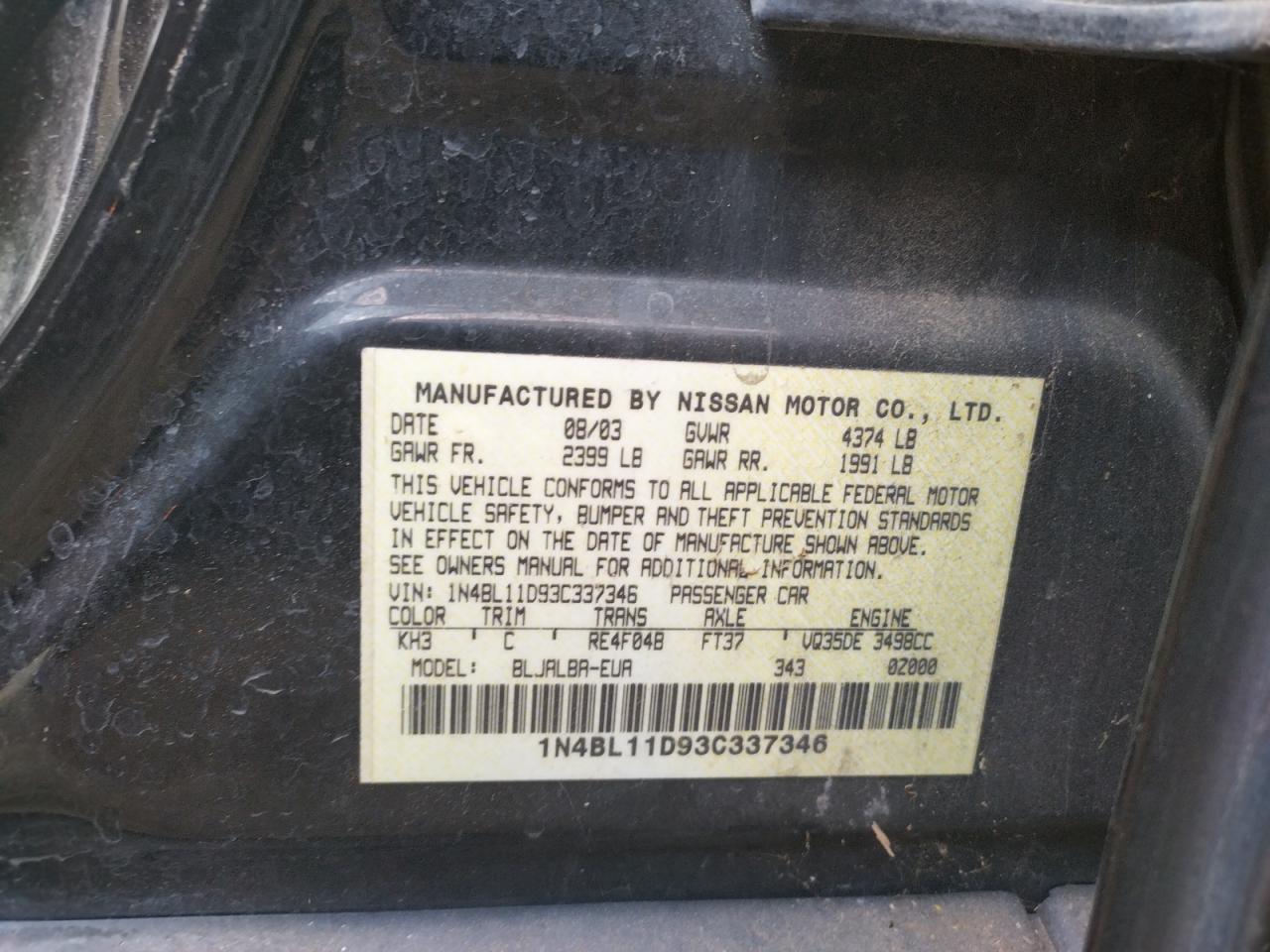 Photo 10 from auction – 2003 NISSAN ALTIMA SE with VIN 1N4BL11D93C337346