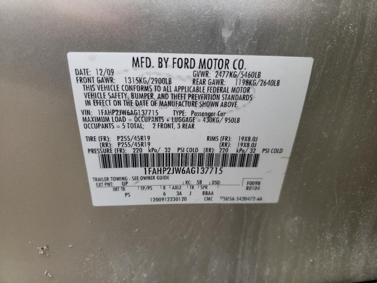 Photo 10 from auction – 2010 FORD TAURUS LIM with VIN 1FAHP2JW6AG137715