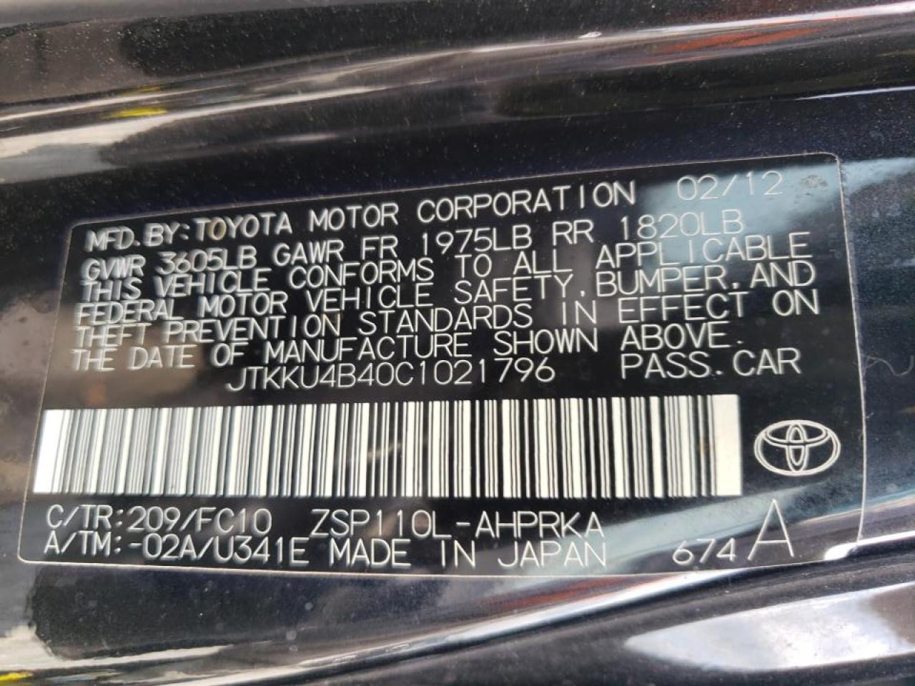 Zdjęcie 10 z aukcji – 2012 TOYOTA SCION XD z VIN JTKKU4B40C1021796