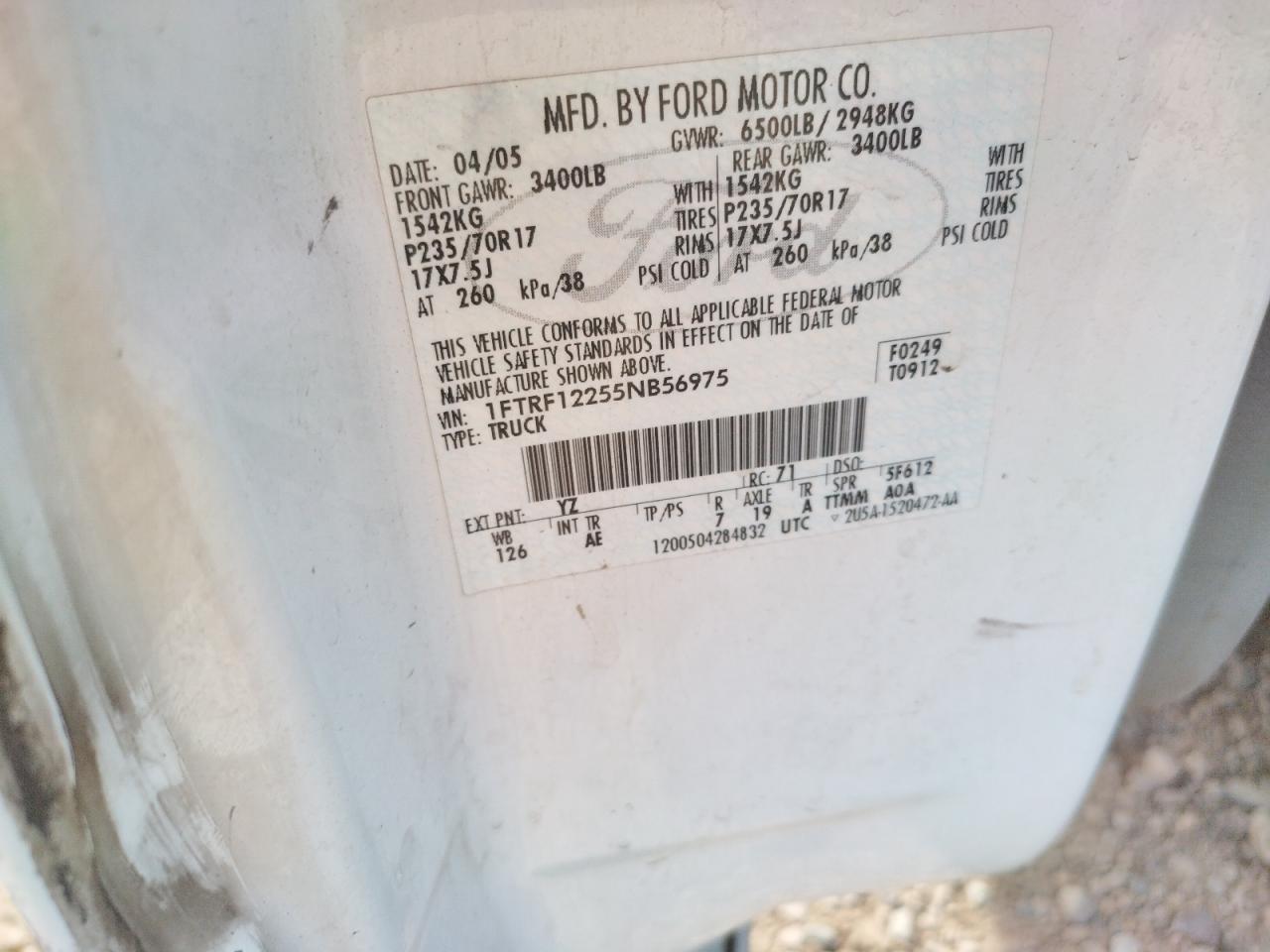 Photo 10 from auction – 2005 FORD F150 with VIN 1FTRF12255NB56975