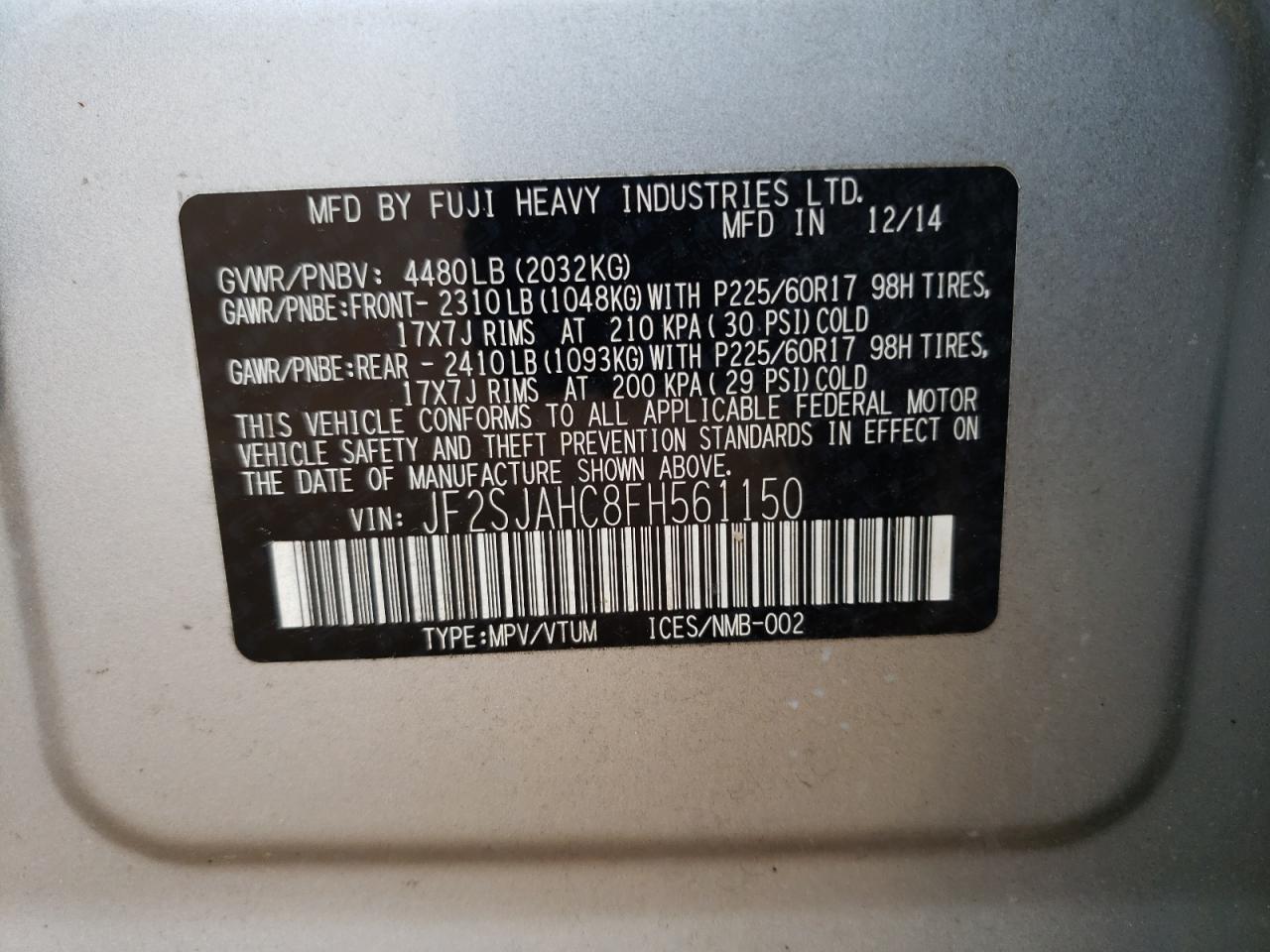 Photo 10 from auction – 2015 SUBARU FORESTER 2 with VIN JF2SJAHC8FH561150