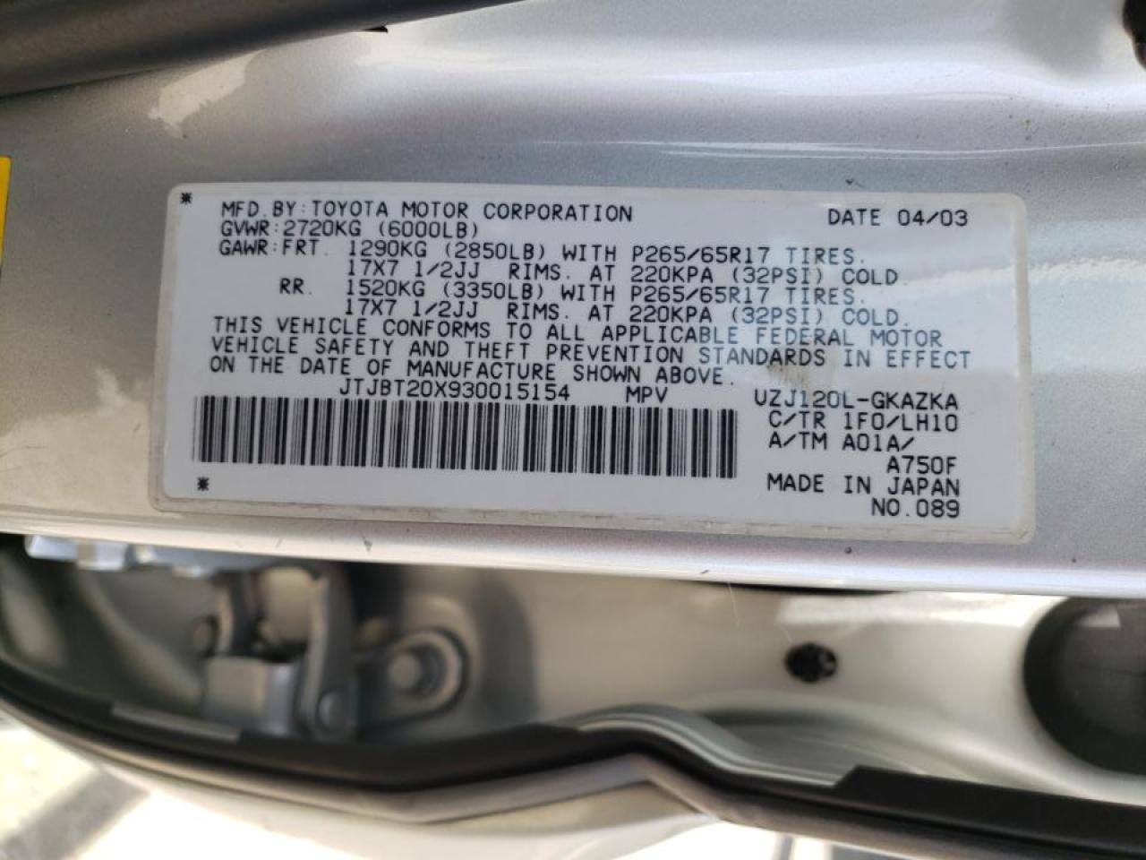Photo 10 from auction – 2003 LEXUS GX 470 with VIN JTJBT20X930015154