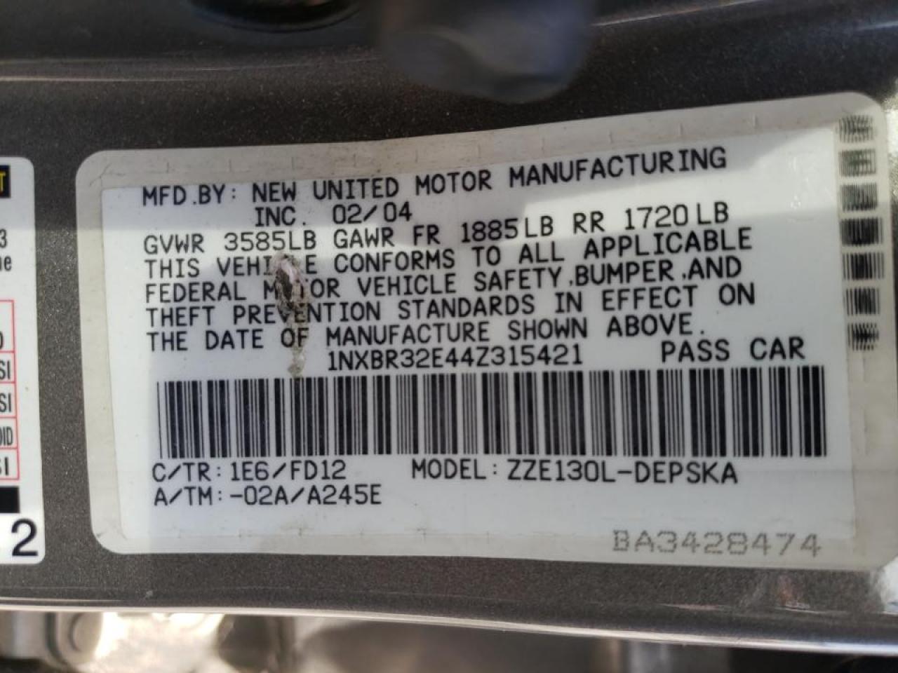 Photo 10 from auction – 2004 TOYOTA COROLLA CE with VIN 1NXBR32E44Z315421
