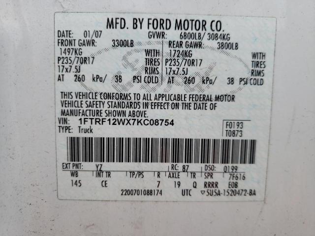 Photo 10 from auction – 2007 FORD F150 with VIN 1FTRF12WX7KC08754