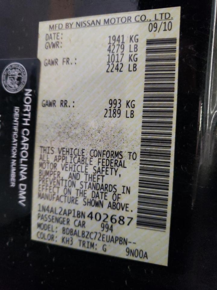 Photo 10 from auction – 2011 NISSAN ALTIMA BAS with VIN 1N4AL2AP1BN402687