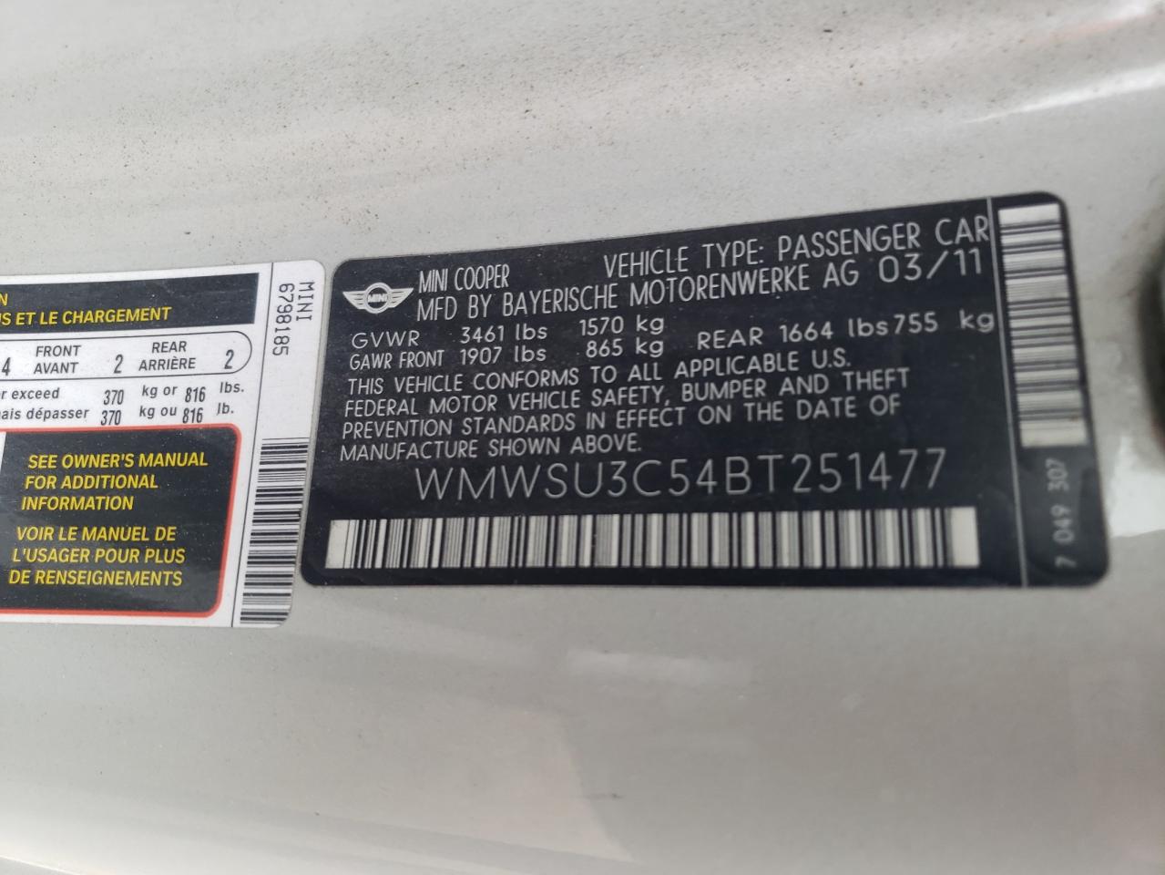 Photo 10 from auction – 2011 MINI COOPER with VIN WMWSU3C54BT251477