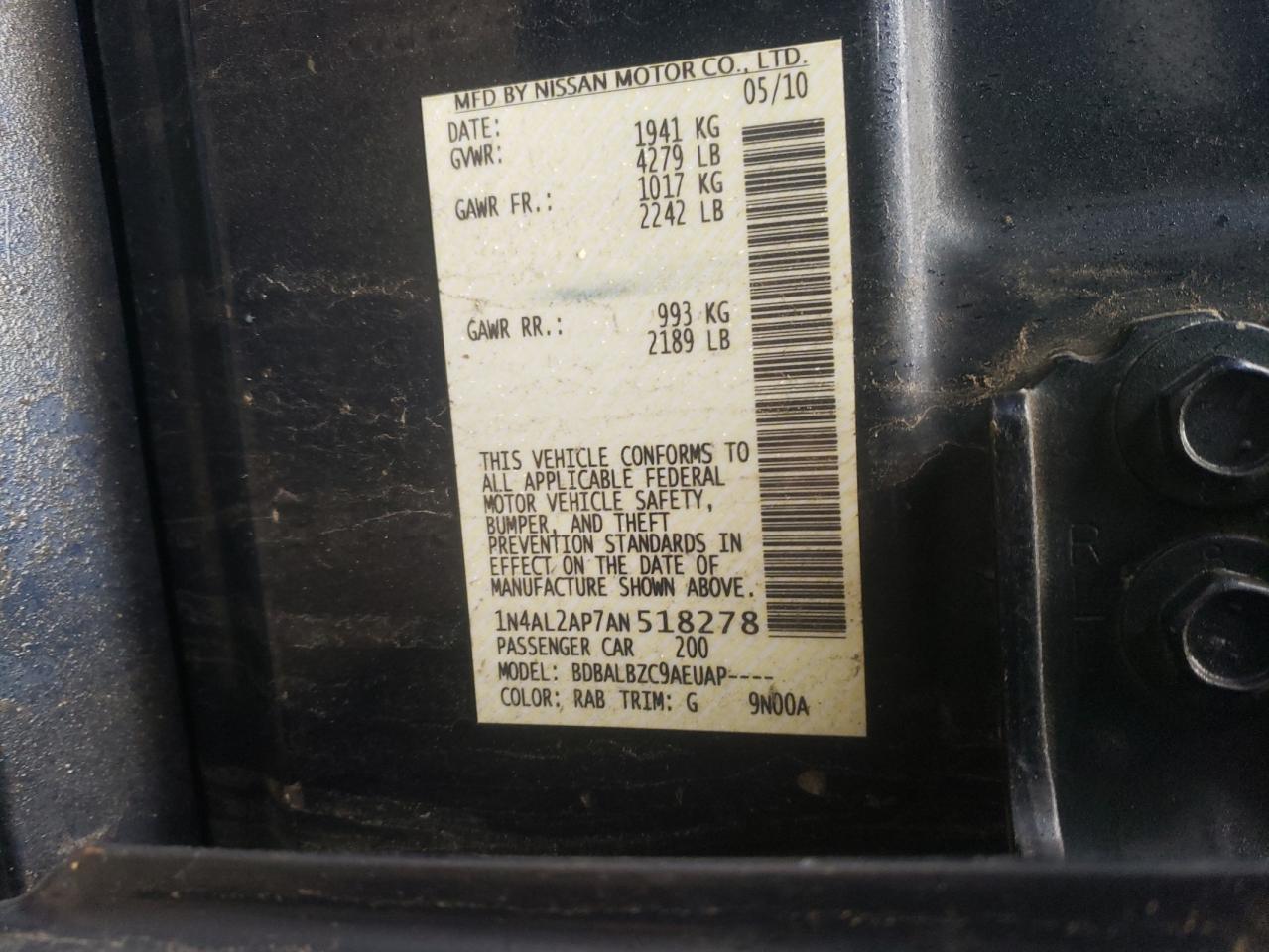 Photo 10 from auction – 2010 NISSAN ALTIMA BAS with VIN 1N4AL2AP7AN518278