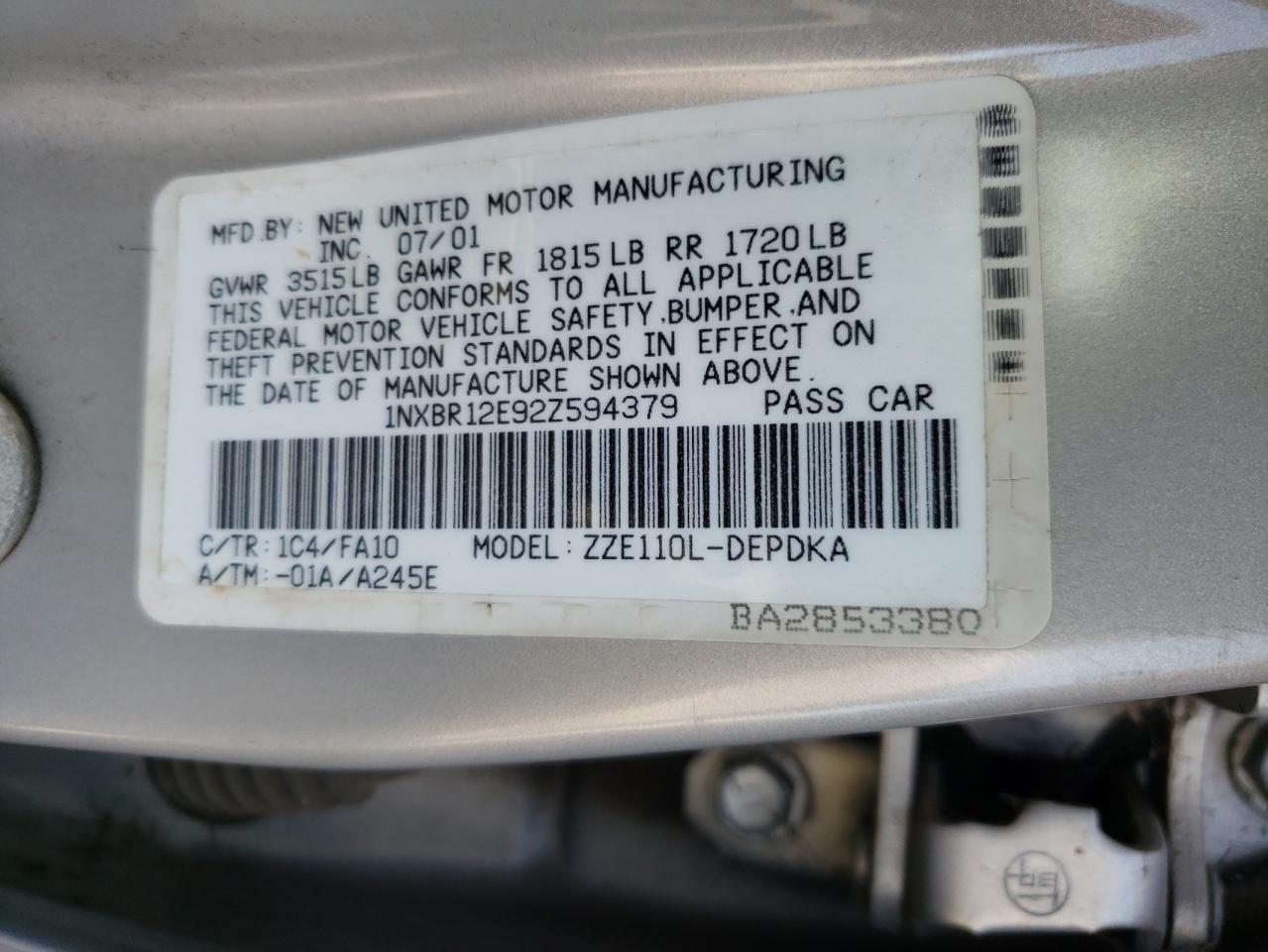 Photo 10 from auction – 2002 TOYOTA COROLLA CE with VIN 1NXBR12E92Z594379