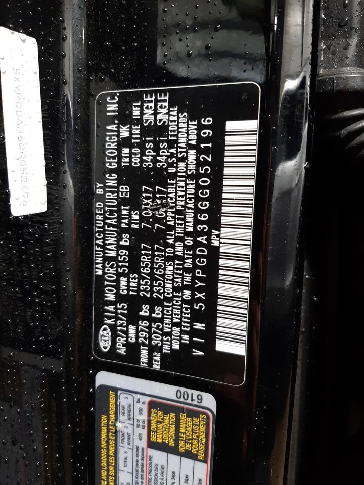 Photo 10 from auction – 2016 KIA SORENTO LX with VIN 5XYPGDA36GG052196